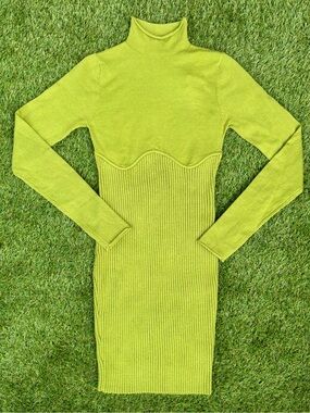 NWT Klesis Lime Green Ribbed Turtleneck Sweater Dress Small